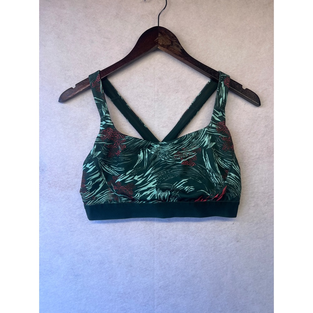 Patagonia Womens Cross Back Sports Bra Green Red Abstract Leaf Print Size M